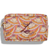 A rectangular beauty bag on a white background. The bag is made using Liberty print fabric which looks like overlapping fans that have brown, beige, orange, white and pink stripes. Lisa Eldridge’s logo is embroidered on the front and the bag has a gold circular zip.