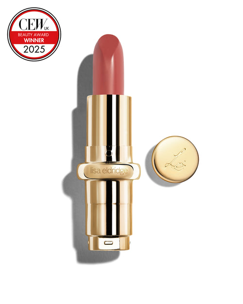 Neutral pink coloured lipstick with gold casing and 'Lisa Eldridge' branding on a white background, featuring a CEW Beauty Award 2025 badge.