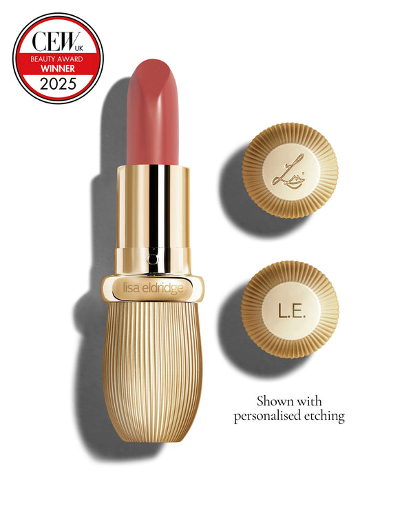 Neutral pink coloured lipstick with gold vintage-style casing and 'Lisa Eldridge' branding on a white background, featuring a CEW Beauty Award 2025 badge.