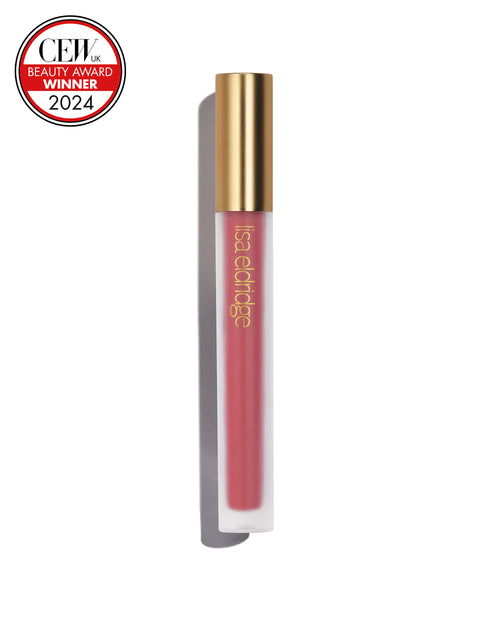 Medium pink liquid lip colour with gold cap on a white background, featuring a CEW Beauty Award Winner 2024 badge.