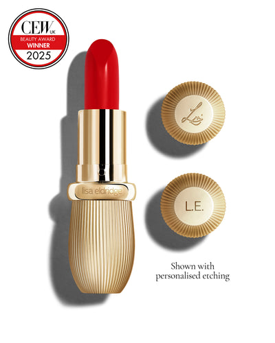 Pillar-red Ribbon coloured lipstick with gold vintage-style casing and 'Lisa Eldridge' branding on a white background, featuring a CEW Beauty Award 2025 badge.