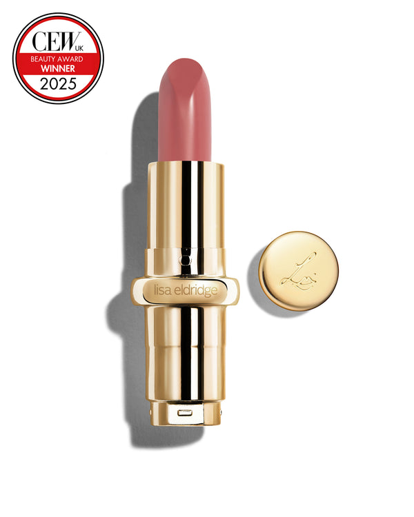 Muted heather coloured lipstick with gold casing and 'Lisa Eldridge' branding on a white background, featuring a CEW Beauty Award 2025 badge.