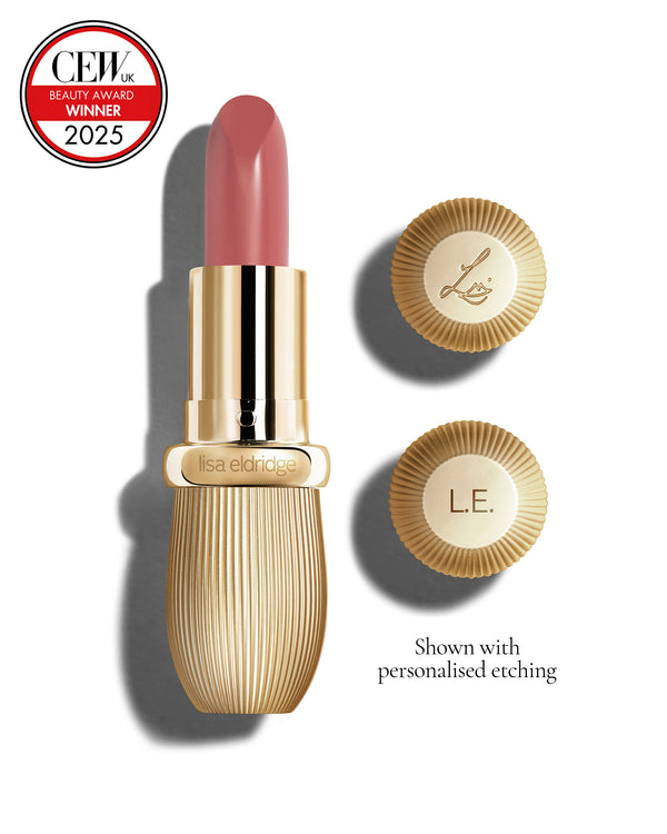 Cool heather coloured lipstick with gold vintage-style casing and 'Lisa Eldridge' branding on a white background, featuring a CEW Beauty Award 2025 badge.