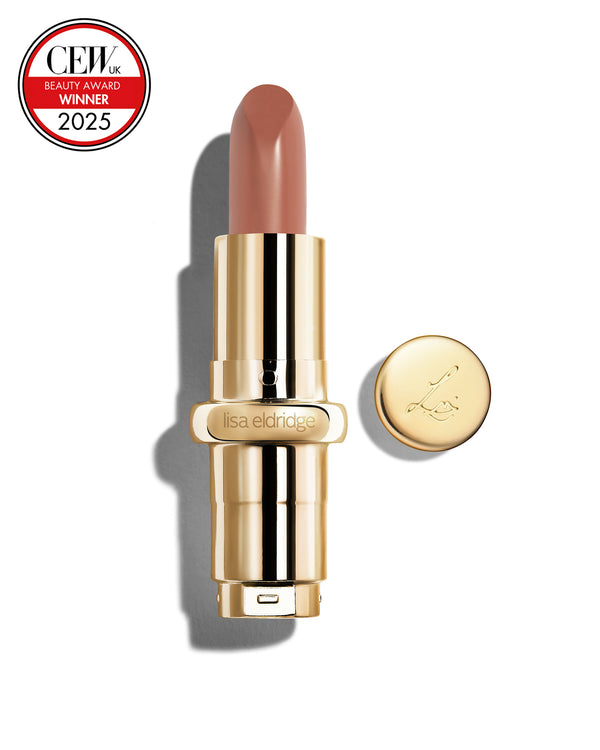 Tawny caramel coloured lipstick with gold casing and 'Lisa Eldridge' branding on a white background, featuring a CEW Beauty Award 2025 badge.