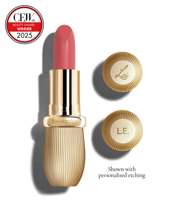 Light warm-pink coloured lipstick with gold vintage-style casing and 'Lisa Eldridge' branding on a white background, featuring a CEW Beauty Award 2025 badge.
