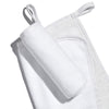 White, banded, Lisa Eldridge Luxuriously Gentle Cleansing & Exfoliating Cloth, one flat and one rolled up on top, showing different textures of the cloth faces and a loop for hanging up