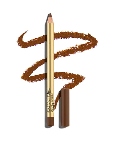 block Cork brown lip pencil with gold barrel and shade-matching cap, shown with a shade swatch behind, demonstrating the product's tones and texture.