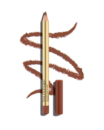 block  Medium rosewood lip pencil with gold barrel and shade-matching cap, shown with a shade swatch behind, demonstrating the product's tones and texture.